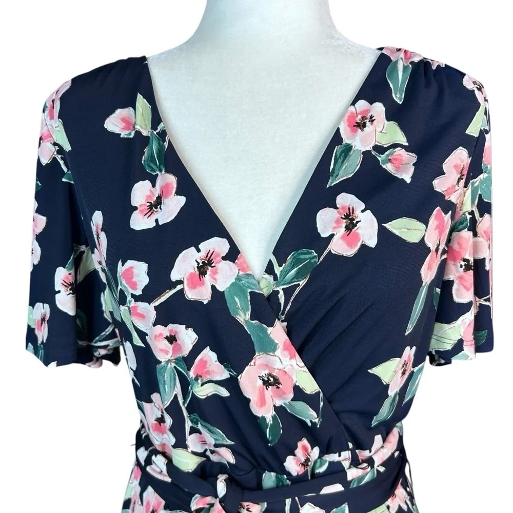 NEW ELIZA J Ditsy Floral Faux Wrap Dress Jersey Knit 12 Surplice Neck Belted
